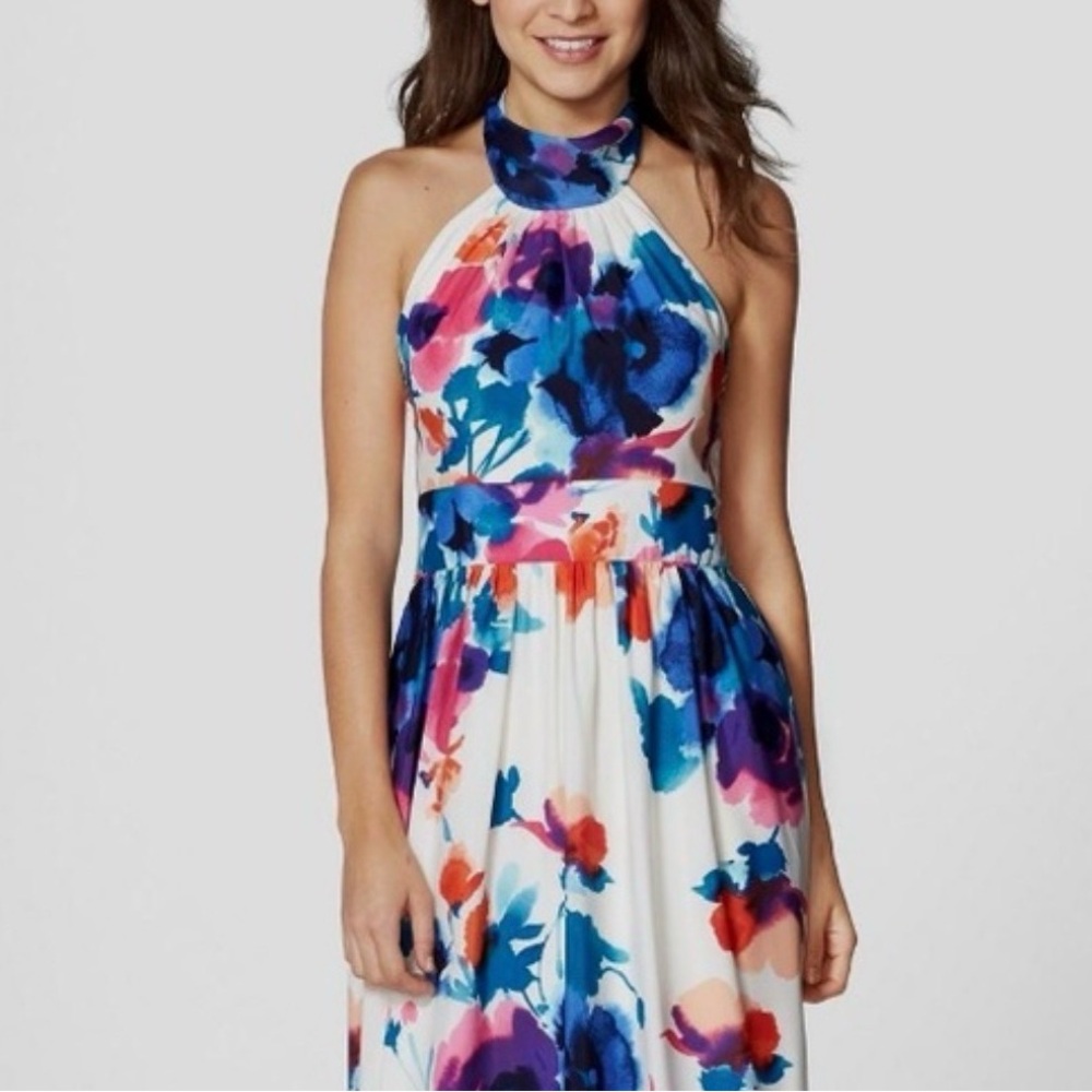 Eliza J White Strapless Floral Maxi Dress with Blue, Pink and Purple Accents